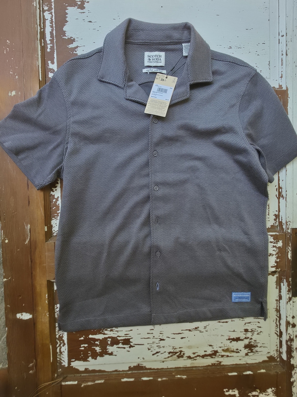 Scotch & Soda Men’s Medium Birdseye Jacquard Camp Shirt Charcoal NWT $98